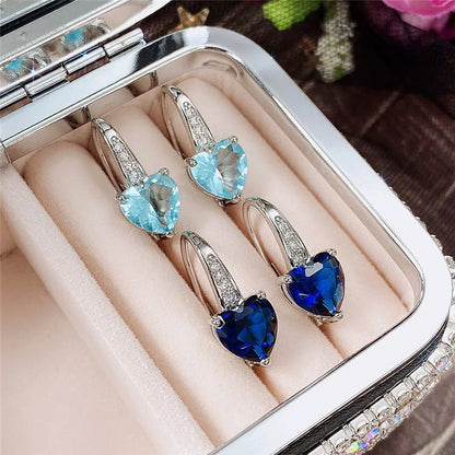 Elegant Heart Shape Crystal Drop Earrings For Women 925 Silver Claw Setting Sea Blue Romantic Everyday Wear Jewelry