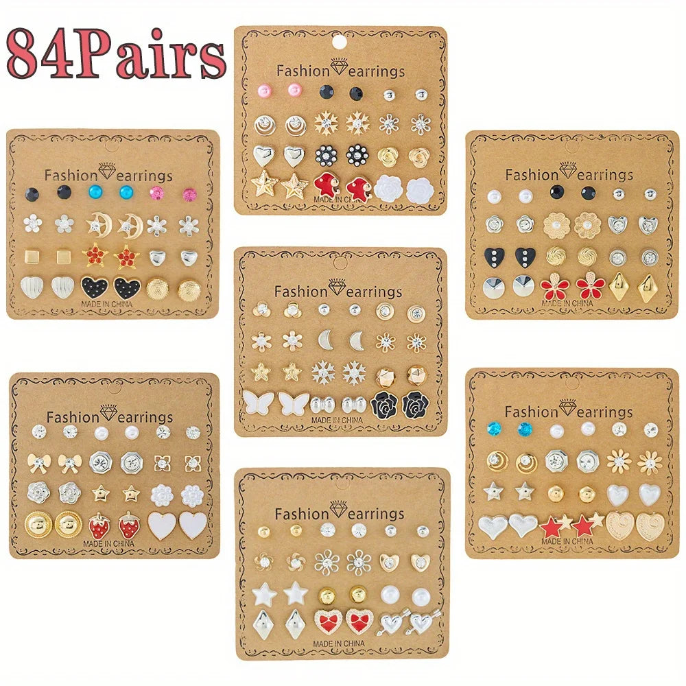 84Pairs Multi-style Stud Earrings for Women, Elegant Butterfly Strawberry Heart Daisy Flower Earrings, Multiple Month Design