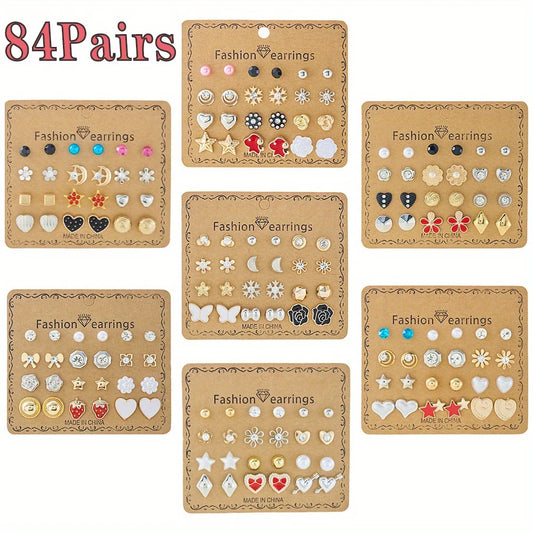 84Pairs Multi-style Stud Earrings for Women, Elegant Butterfly Strawberry Heart Daisy Flower Earrings, Multiple Month Design