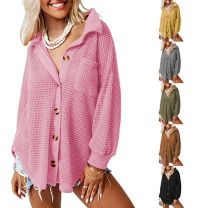 RNSHANGER Autumn Women Solid Color Blouses Casual Waffle Knit Plain Long Sleeve Pocket Shirts for Women