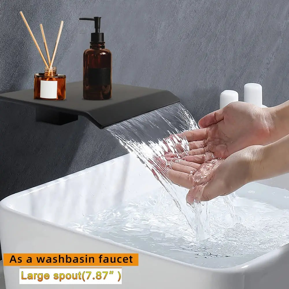 In Wall Concealed Basin Faucet Matte  Black  Waterfall Split Faucet All Copper Main Body Faucet