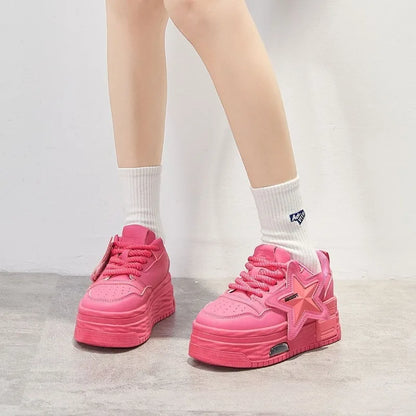 Leather Pink Chunky Sneakers Platform Lace-up Casual Shoes Women's Outdoor Walking Shoes