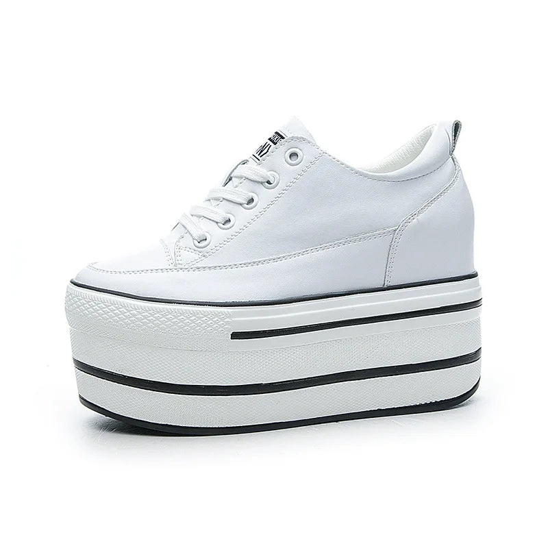 Fujin 10.5cm High Thick Heel Platform Flats Women Casual Shoes Genuine Leather Soft Quality Casual Shoe Sneakers White Black