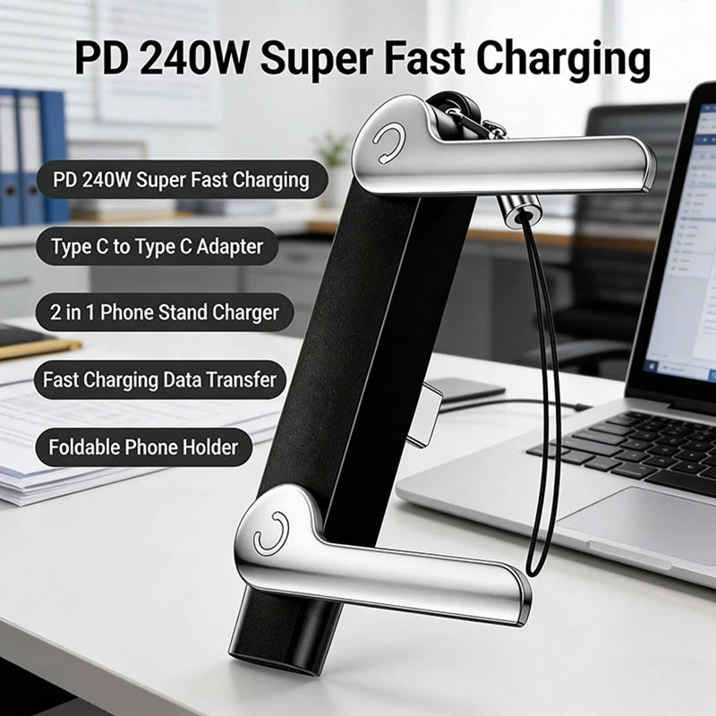 240W 2-in-1 Black/Orange Fast Charging Foldable Nylon Bracket Type-C to Type-C Data Cable with Phone/Tablet Stand for IOS