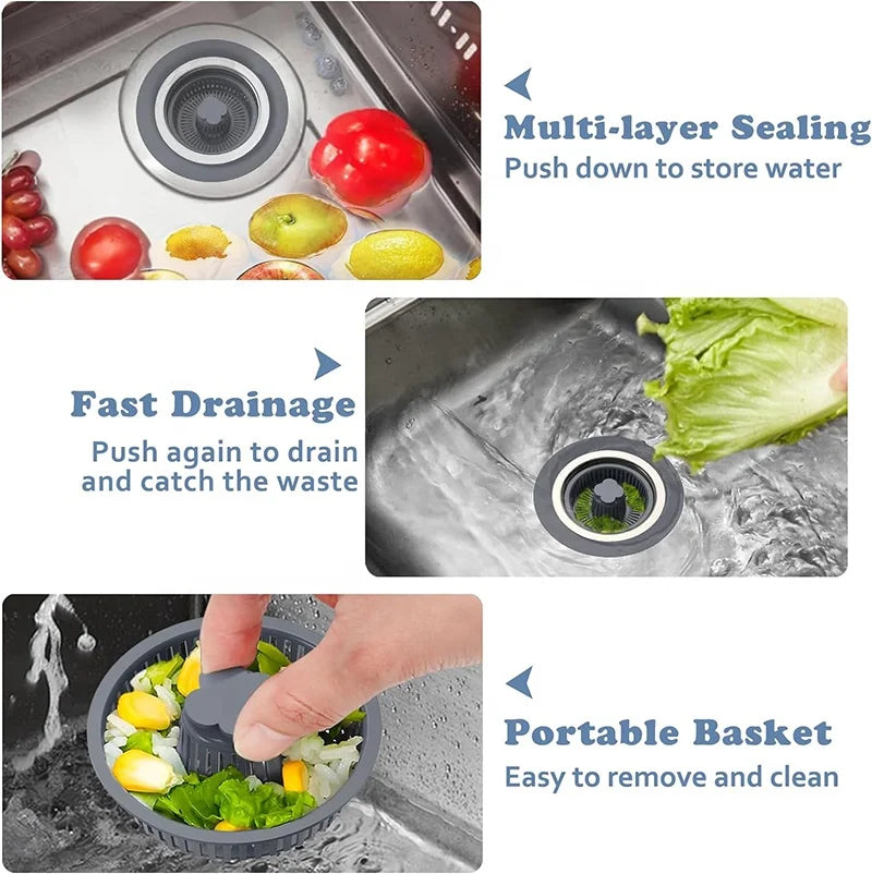 Upgraded 3 in 1 Kitchen Sink Drain Strainer & Stopper Kit, 304 Stainless Steel Pop-up Kitchen Drain with Strainer Basket