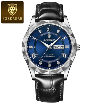 POEDAGAR Watches for Men Classic Luxury Week Display Sports Quartz Watch Mens Waterproof Leather Band Date Wristwatches Male