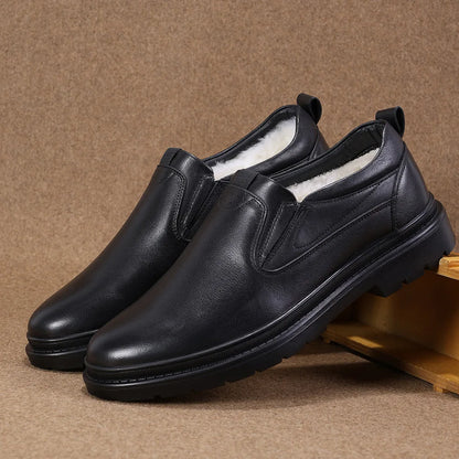 Men Winter Warm Genuine Leather Slip on Shoes Round Fur Lining Rubber Outsole Comfortable EVA Midsole