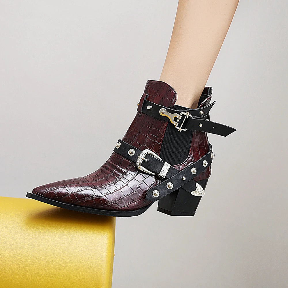 Motorcycle Western Cowboy Boots Women Snake PU Leather Short Cossacks High Heels Pointed Cowgirl Booties Buckle Womens Shoes