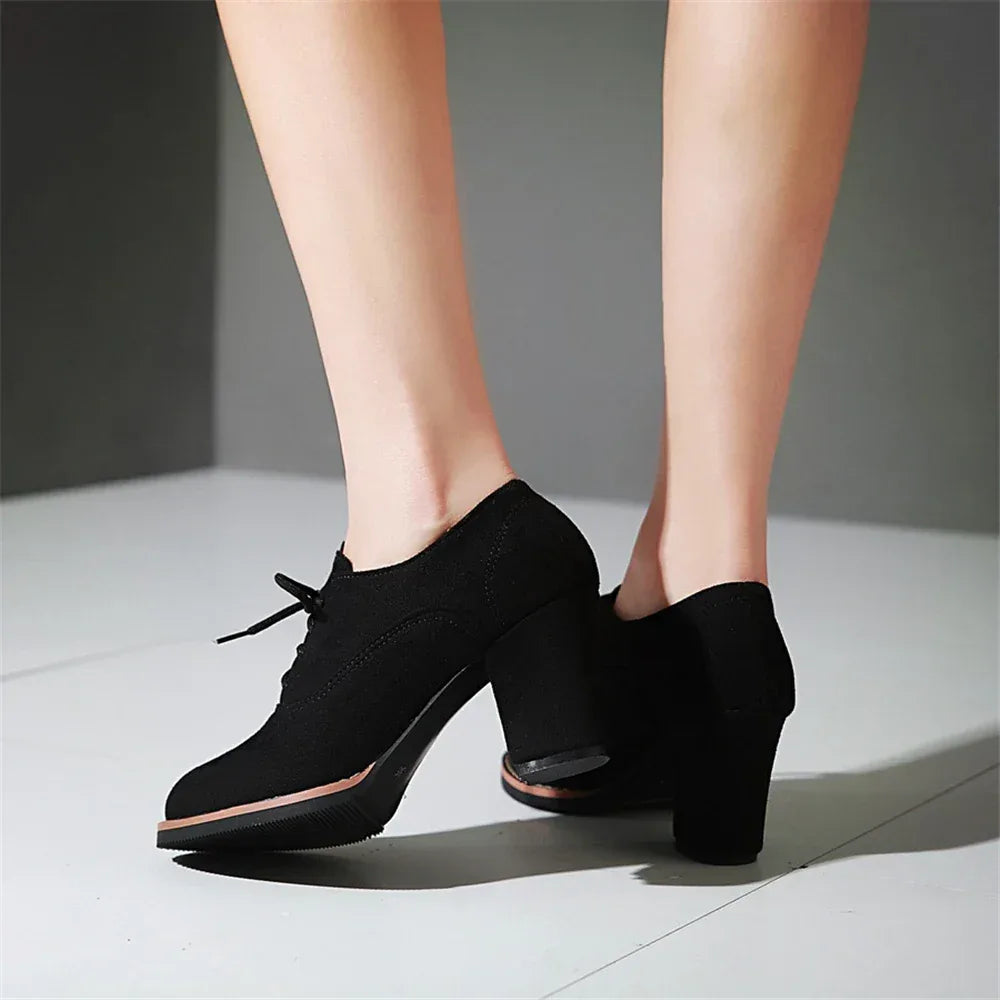 Vintage Women Lace Up Pumps Square Heel Round Toe High Heels British Style Oxfords Autumn Low Top Student Shoes Blue Booties 33