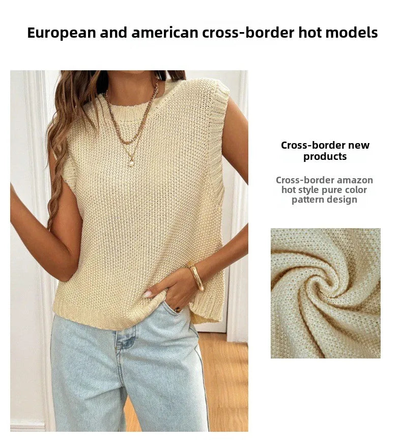 Women's Vintage Ice Silk Knitted Vest Spring Summer Casual Cross-Border Fashion Solid Layered Sleeveless Top Apricot Thin