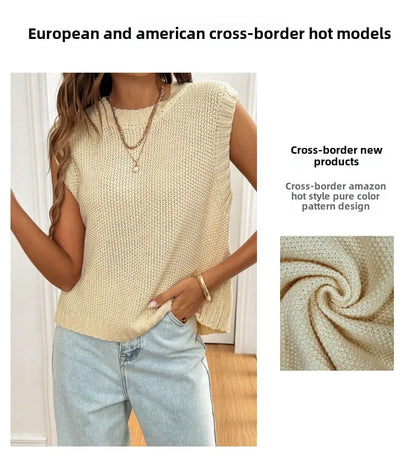Women's Vintage Ice Silk Knitted Vest Spring Summer Casual Cross-Border Fashion Solid Layered Sleeveless Top Apricot Thin