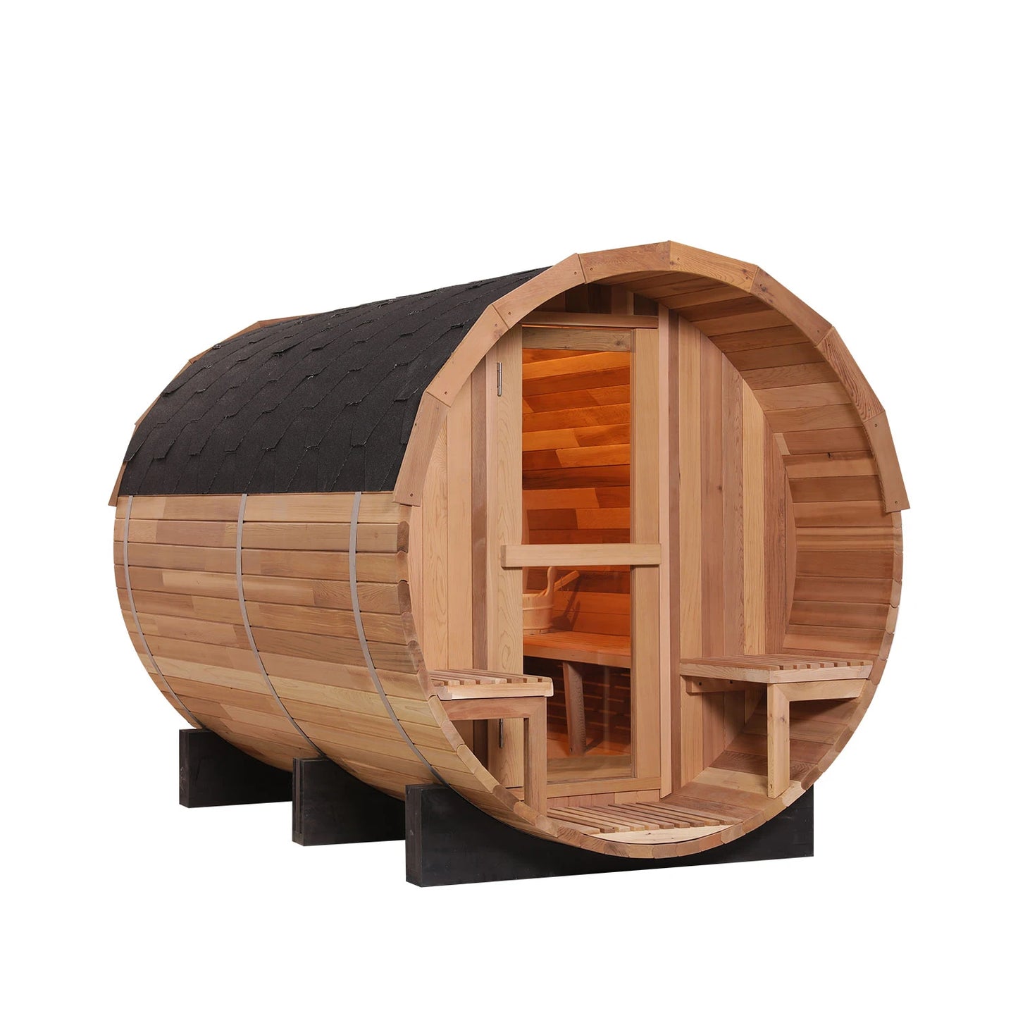 Popular High Quality Sauna Red Cedar Outdoor Round Barrel Sauna Room with Semicircle Glass View Window 4-6 Person Home Sauna