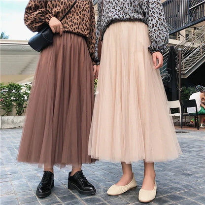 TingYiLi Elegant Tulle Skirt Autumn Winter Big Swing Women Skirt Korean Cute Pink Green Gray Blue Brown Black Long Skirt Tutu