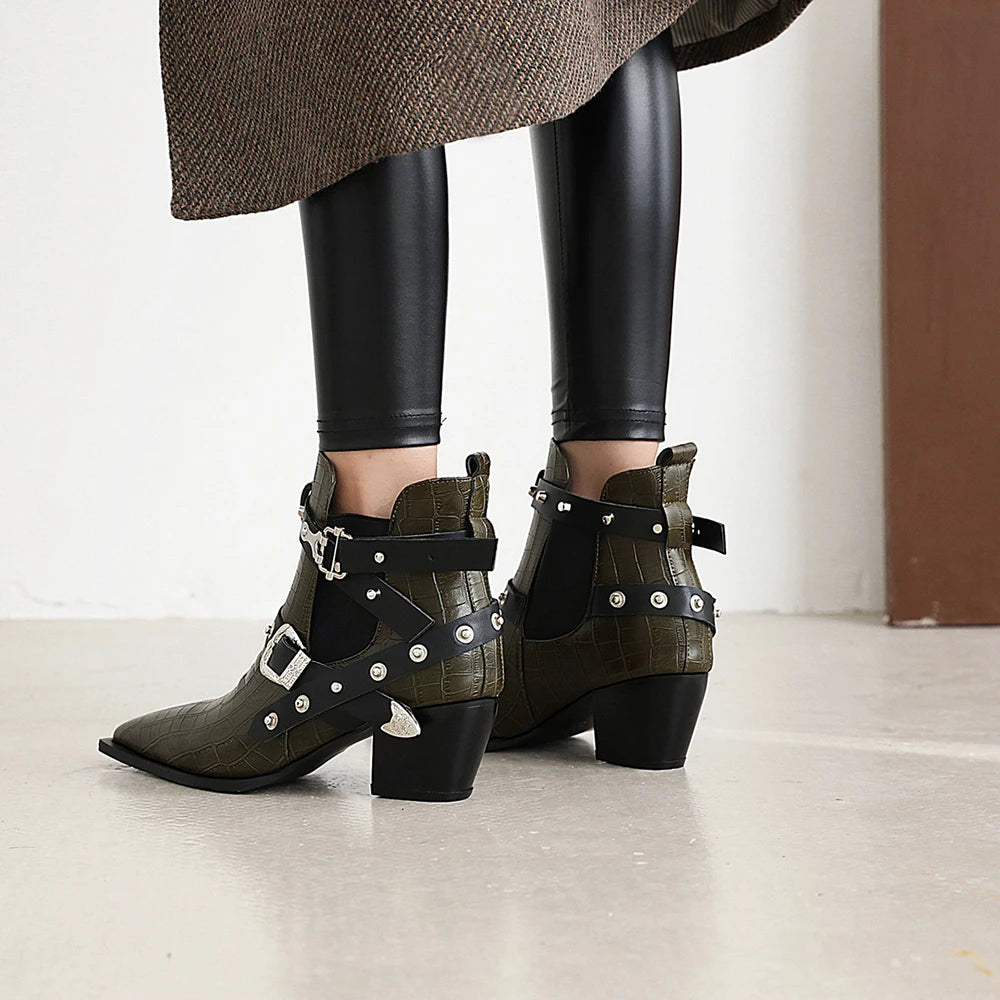 Motorcycle Western Cowboy Boots Women Snake PU Leather Short Cossacks High Heels Pointed Cowgirl Booties Buckle Womens Shoes