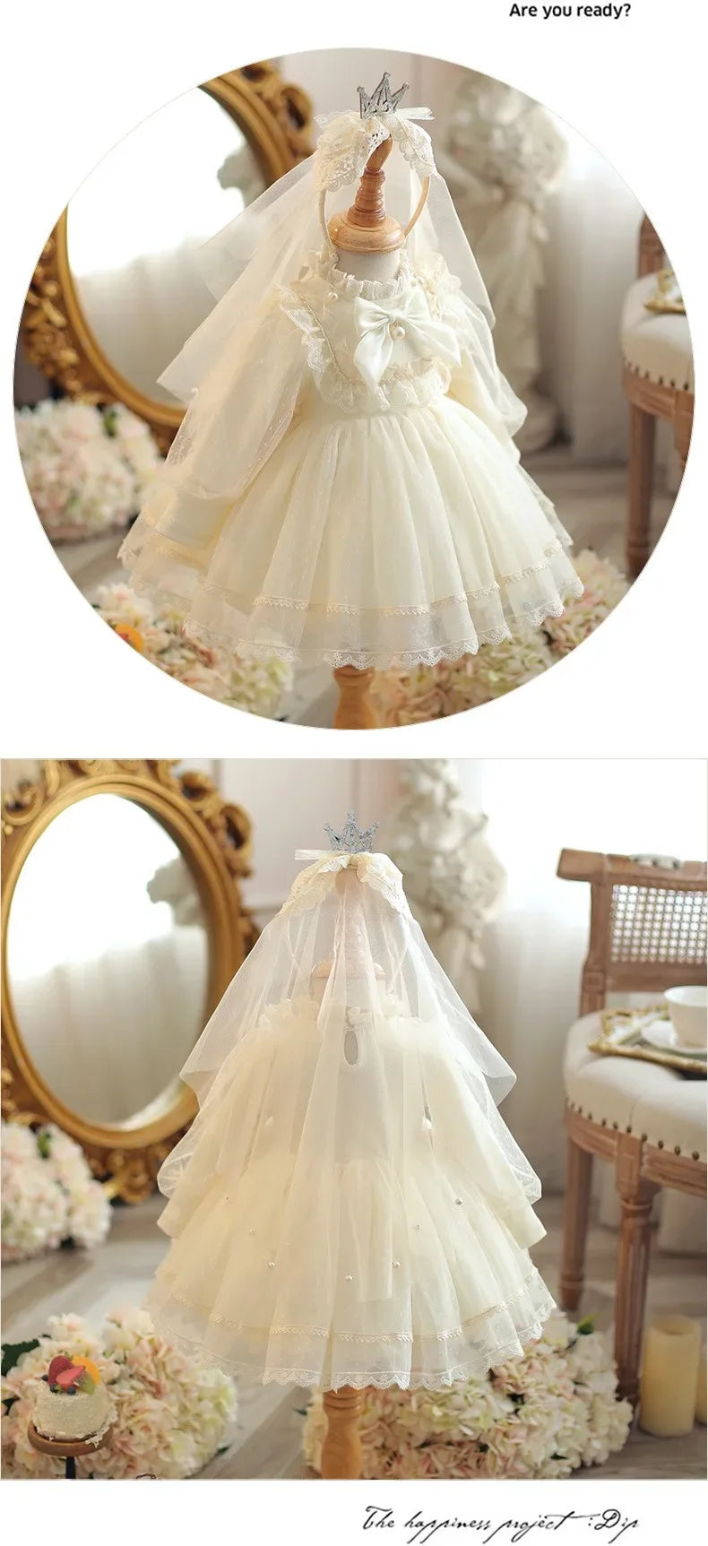 Girls Sweet and Lovely Ball Gown Princess Dress with Long Sleeves and Gauze Skirt Formal Style Baby Outfit Including Headbands