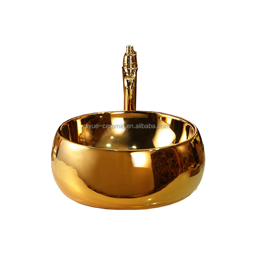 High Quality Golden Plating Round Countertop Sink Ceramic Bathroom Gold Color Wash Basin