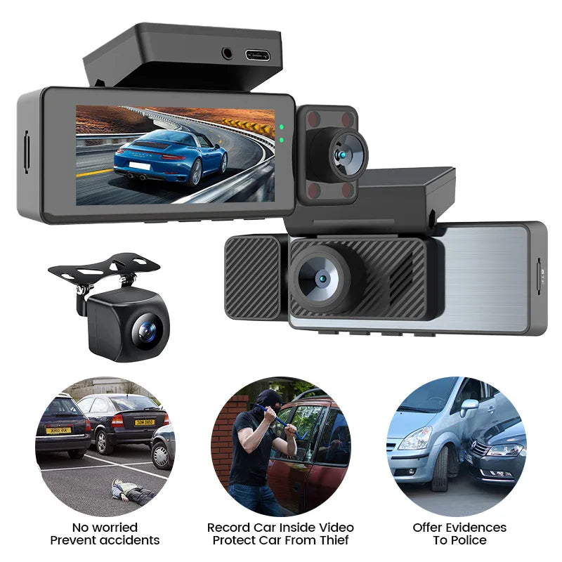Fuallwin 3.16 Inch Touch Screen Car Dashcam DVR 3 Lens 170 Degree 4K Dash Camera Built-in GPS WiFi