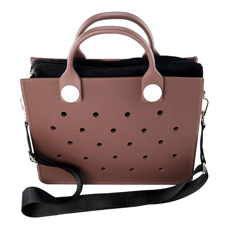 Lightweight Perforated Reusable EVA Handbag Black Women's Tote Bags for Women & Girl with Shoulder Strap for Beach & College