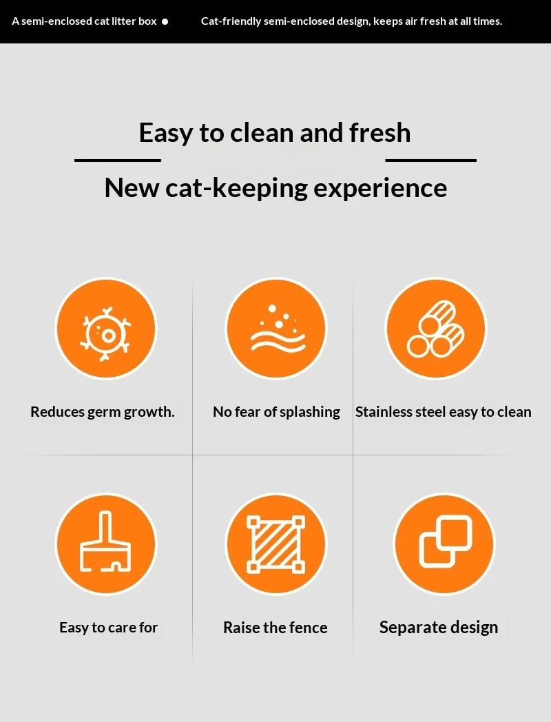 Stainless Steel Semi-closed Rectangular Cat Litter Box with Top-in Lid Anti-splash High Fence Pet Cleaning