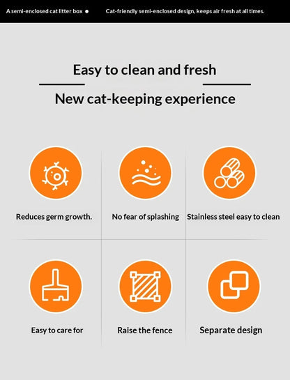 Stainless Steel Semi-closed Rectangular Cat Litter Box with Top-in Lid Anti-splash High Fence Pet Cleaning