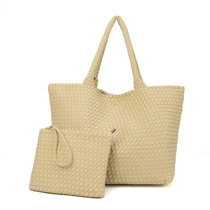 2 Pcs Set Fashion Casual Shoulder Waterproof Lady Woven Purse Hobo Women Neoprene Tote Bag Large Capacity Patchwork Handbag