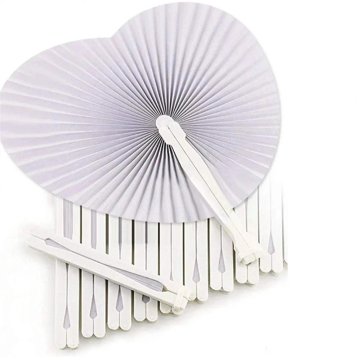 10pcs White Folding Fan Heart Shape Circular Blank Paper Hand Fans Wedding Outdoor Gatherings Party Birthday Wedding Decor