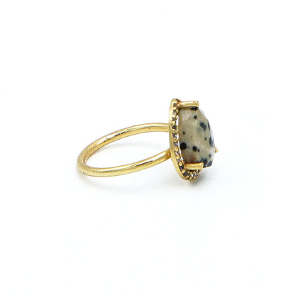 Dalmatian Jasper Gemstone Pear Bezel Set Adjustable Ring Unisex 18K Gold Plated Silver Jewelry Certified | Wedding Party |