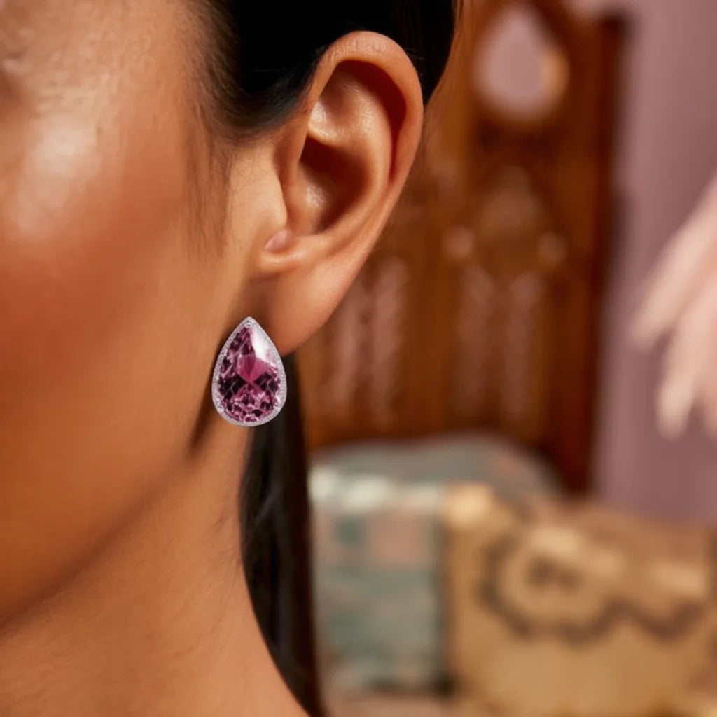 E1301 Pink Pear Cut Stud Earrings With Pink Gemstone Bezel Setting For Women Romantic Party Fashion Jewelry
