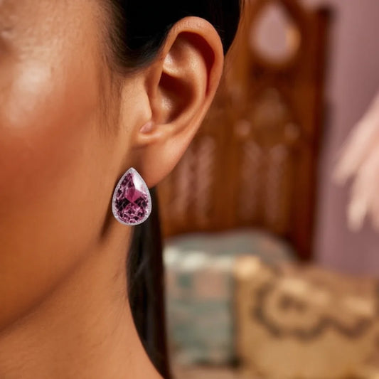 E1301 Pink Pear Cut Stud Earrings With Pink Gemstone Bezel Setting For Women Romantic Party Fashion Jewelry
