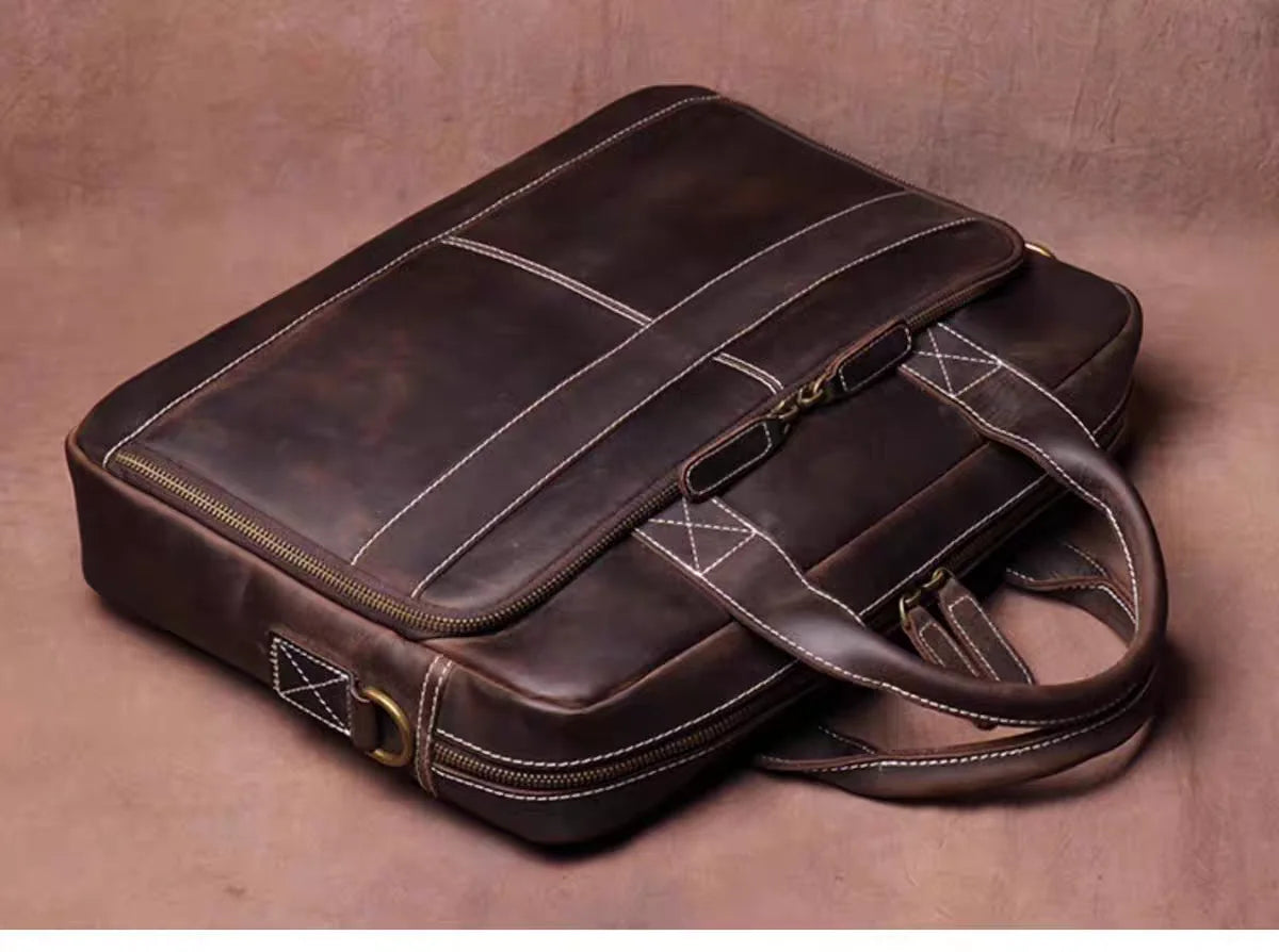 Vintage Genuine Leather Messenger Bag Briefcase Large Satchel Shoulder Bag Rugged Leather Laptop Bag
