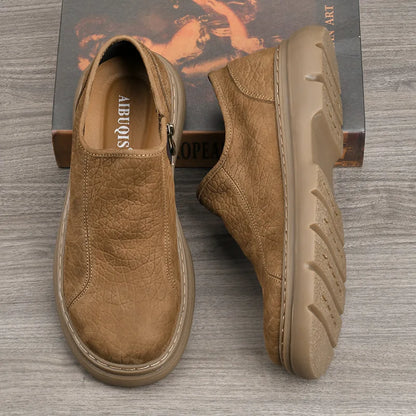 Men's Genuine Cow Leather Slip-On Toe Casual Shoes Breathable Cotton Fabric Rubber Outsole Walking Style Comfortable Lightweight