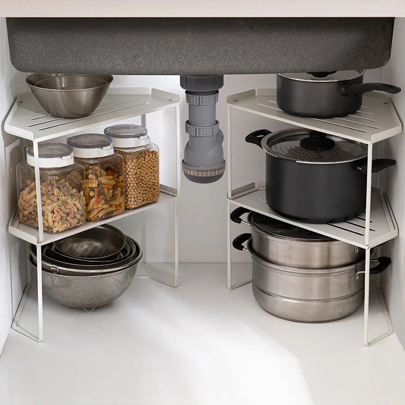 2 Tier Corner Countertop Organizer Stackable Save Space Storage Shelf Pot Spice Rack Under the Sink Holder for Kitchen Bathroom