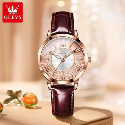 OLEVS 5539 Elegant Fashion Women's Watches Flowing Sand Ice Crystal Dial Quartz Watch Waterproof Leather Strap Lady Wristwatch