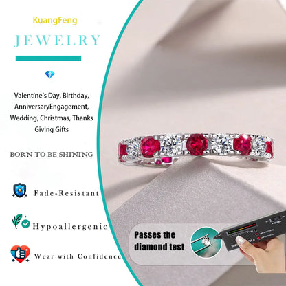 18K Gold & 925 Sterling Silver Plated Red & White Eternity Band 3mm Moissanite Ring Stackable Jewelry for Women Great Gift Idea