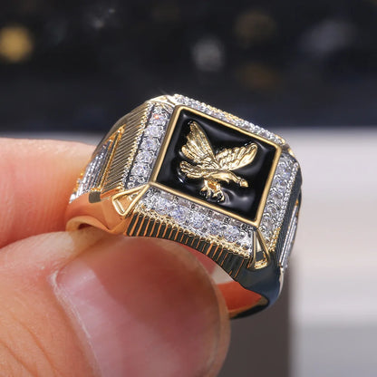 H104 Men's 22k Gold Plated Diamond Ring With Eagle Design Black Inlay Everyday Wear Jewelry