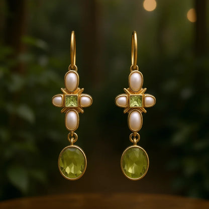 Vintage Gold Plated Drop Earrings With Peridot And Imitation Pearl Bezel Setting For Women Party Jewelry