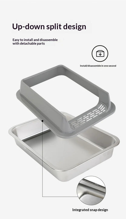 Stainless Steel Semi-closed Rectangular Cat Litter Box with Top-in Lid Anti-splash High Fence Pet Cleaning