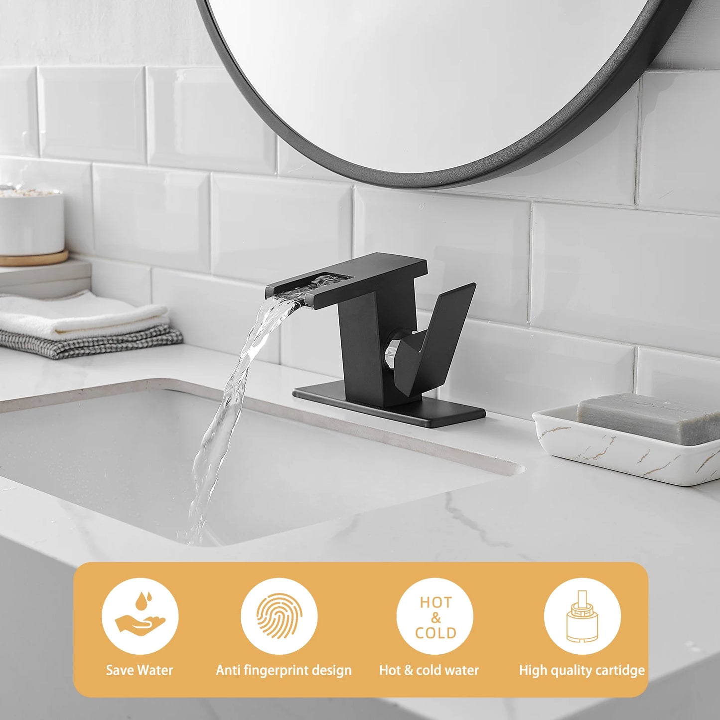 LED Modern  1-Hole Black 304 Stainless Steel Waterfall Bathroom Faucet Anti-Rust Lead Free Basin Faucet with Deck Plate
