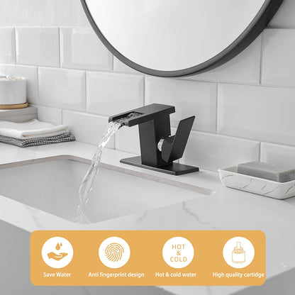 LED Modern  1-Hole Black 304 Stainless Steel Waterfall Bathroom Faucet Anti-Rust Lead Free Basin Faucet with Deck Plate
