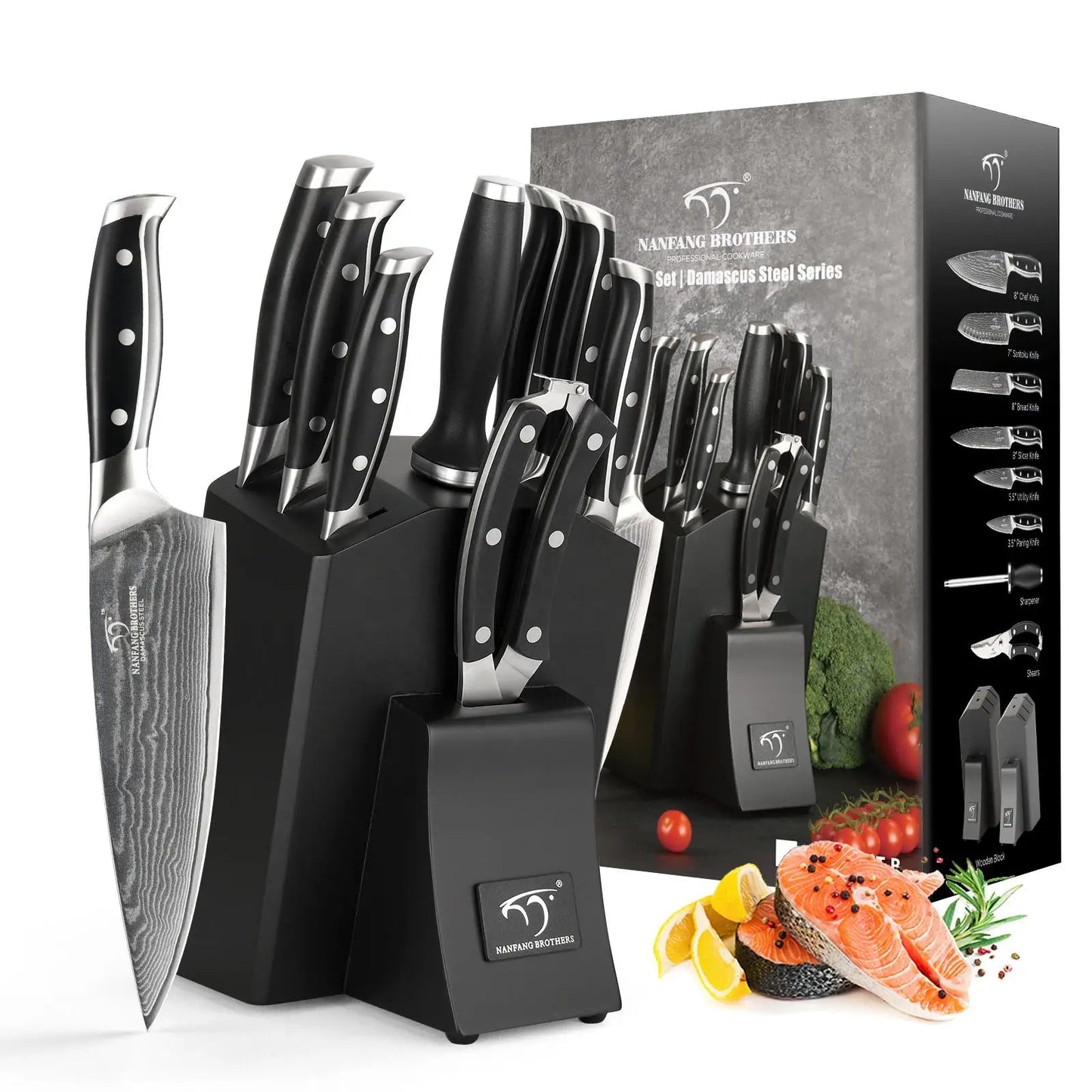 9 PCS Professional ABS Handle Damascus Steel Kitchen Utility Knife Set with Block