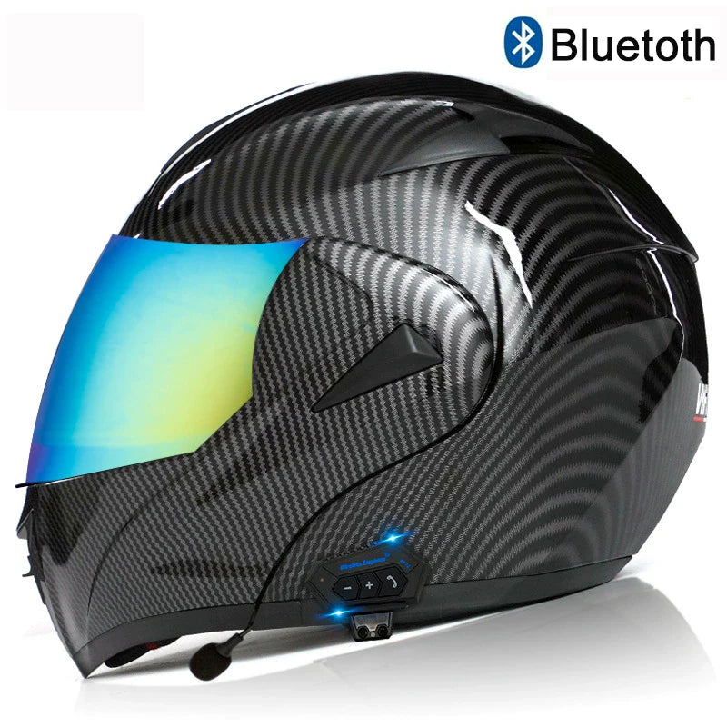 Carbon Fiber Pattern Electric Scooter Motorcycle Blueto0th Wireless Headphone Speaker Open Face Double Lens Full Face Helmets