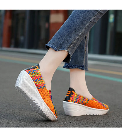 New Women Sneakers Summer Casual Shoes Woven Flat Platform Women's Shoes Breath Loafers Lady Footwear Soft Zapatos Plus Size 42