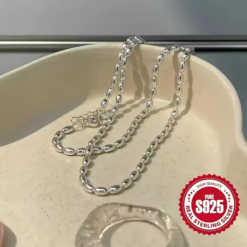 Lanshang S925 Sterling Silver Necklace for Women Olive Oval Beads Fine Chains Necklaces Beaded Design
