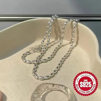 Lanshang S925 Sterling Silver Necklace for Women Olive Oval Beads Fine Chains Necklaces Beaded Design