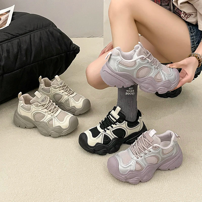 2024 Tall and Thick Soled Women's  Spring and Autumn New Mesh Breathable Explosive Sports and Leisure Shoes