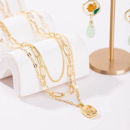 New Fashion Geometric Multi-Layer Stacked Women's Copper Electroplated Square Pendant Necklace