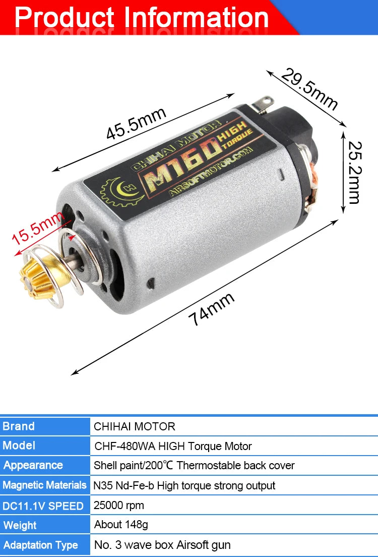 Chihai Motor CHF-480WA-22TPA M160 N35 NdFeB 25000RPM High Torque Motor AEG Motor Short Axis for Ver.3 Gearbox AK Series Airsoft