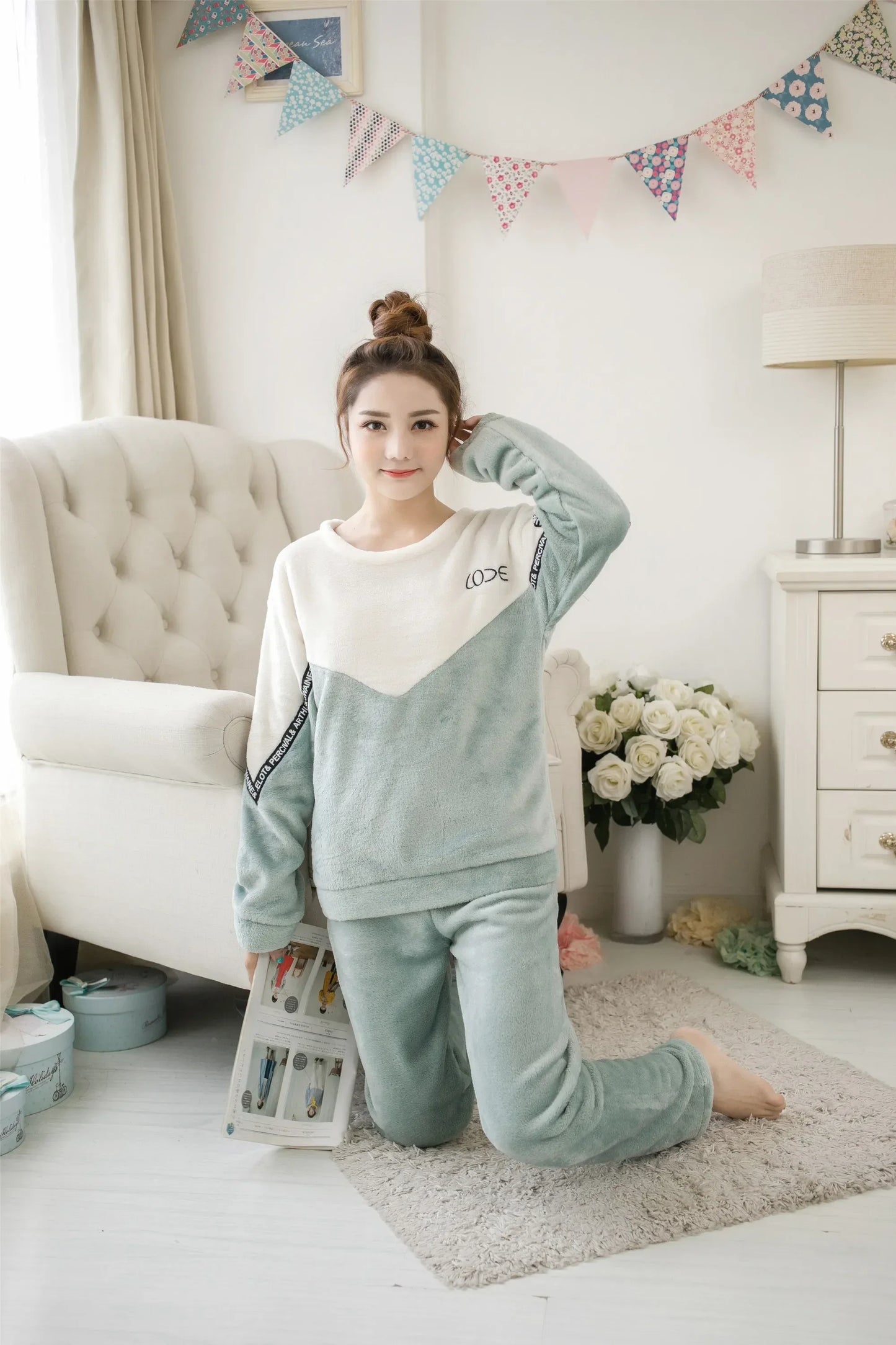 Women Pajamas Autumn Winter Flannel Warm Woman Sleepwear Korean cute Cartoon Pajama Set Fashion Pijama Mujer Home Cloth Pyjamas