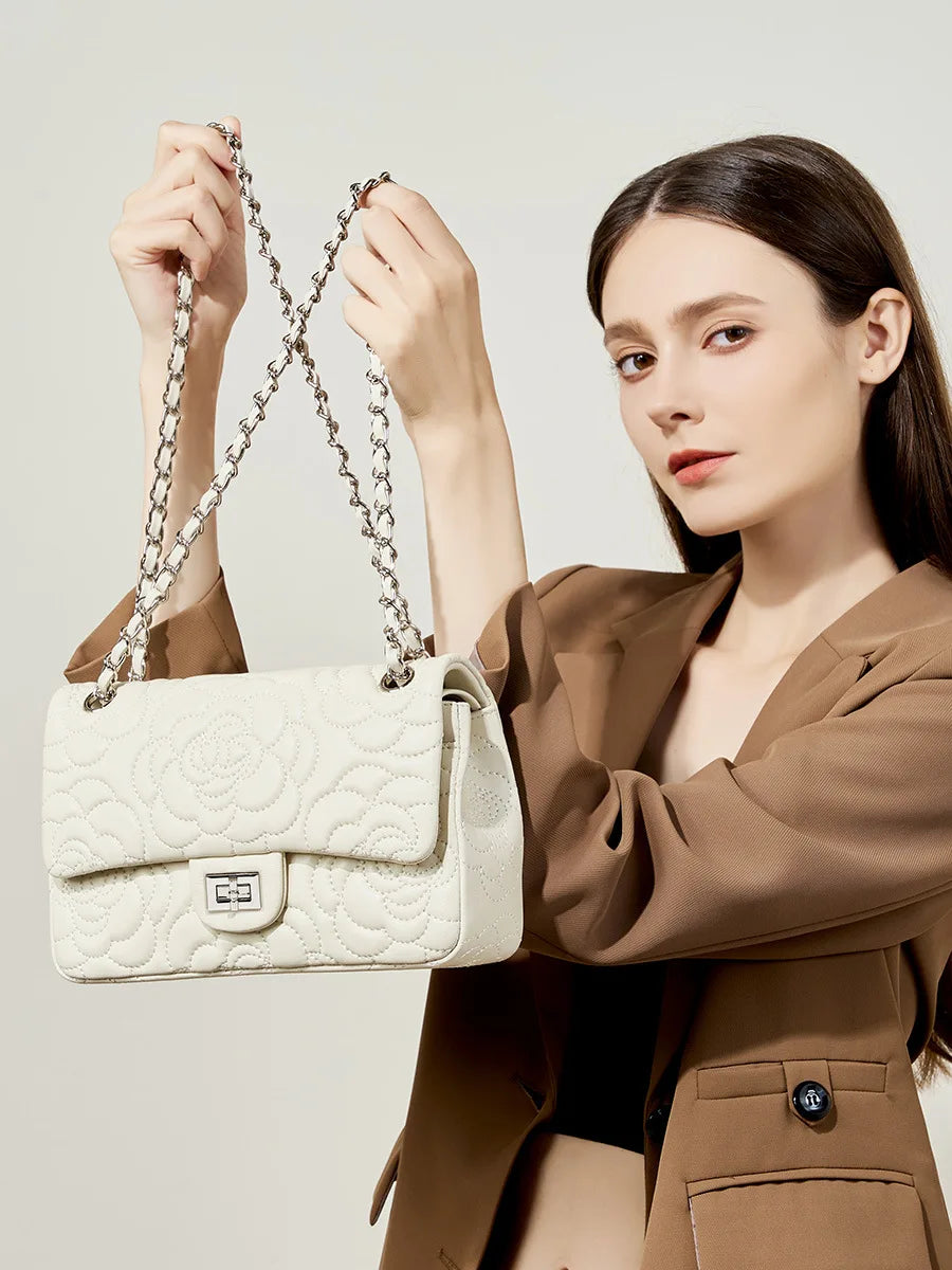 Fashion Goat Leather Bag Purse Tote Stitching Rose Handbag Metal Lock Genuine Sheepskin Crossbody Bag Handbags for Women