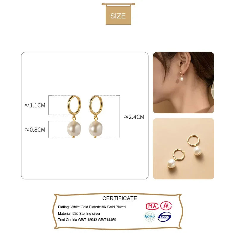 TrustDavis Real 925 Sterling Silver Sweet Irregular Baroque Pearl Hoop Earrings For Women Wedding Valentine's Day Jewelry DB338